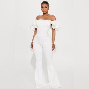 Fashion Nova White Off-Shoulder Flare Jumpsuit